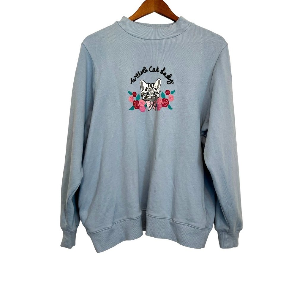 Lazy Oaf Weird Cat Lady Embroidered Crew Neck Sweatshirt Blue Cat M/L